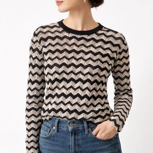 Garcia Jeans Black & White Chevron Knit Top | Long Sleeve Sheer | Size 8